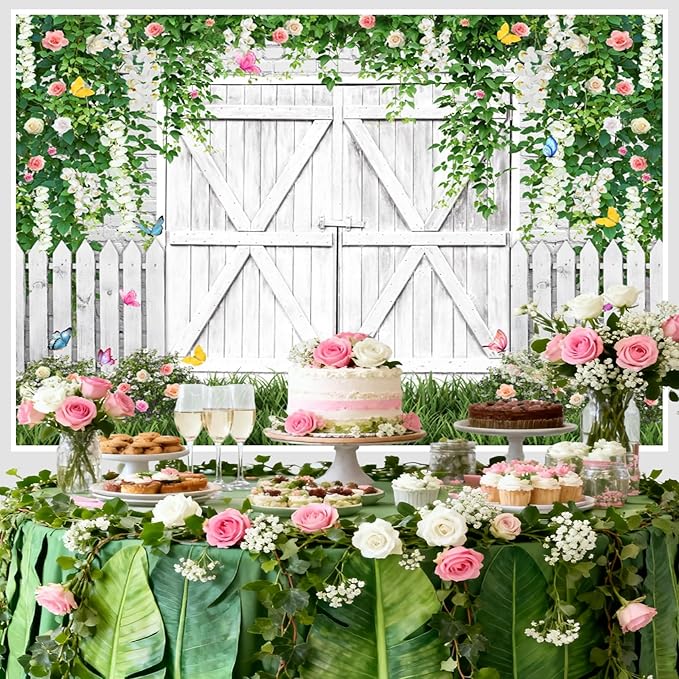 AOFOTO White Barn Door Floral Backdrop 9x6ft Spring Garden Background Banner Green Leaves Flowers Butterfly Wooden Door Backdrops Birthday Bridal Shower Wedding Banner Photo Booth Studio Props
