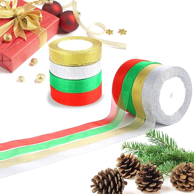 DECYOOL 8 Rolls 300 Yards Christmas Ribbons Metallic Glitter Fabric Organza Holiday Festival Ribbons 4/5" Wide for Gift Wrapping Decoration