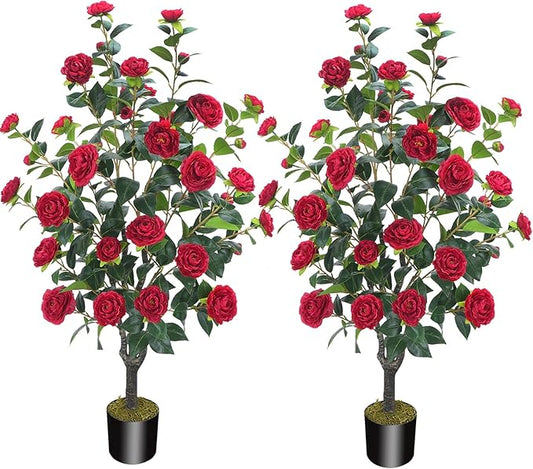 3.6FT Artificial Camellia Fake Tree, Artificial Plants & Flowers with 32 Red Flowers for Door Front Decoration Porch Patio Living Room Office Indoor Outdoor Decor (2PCS Contains Dried Moss)