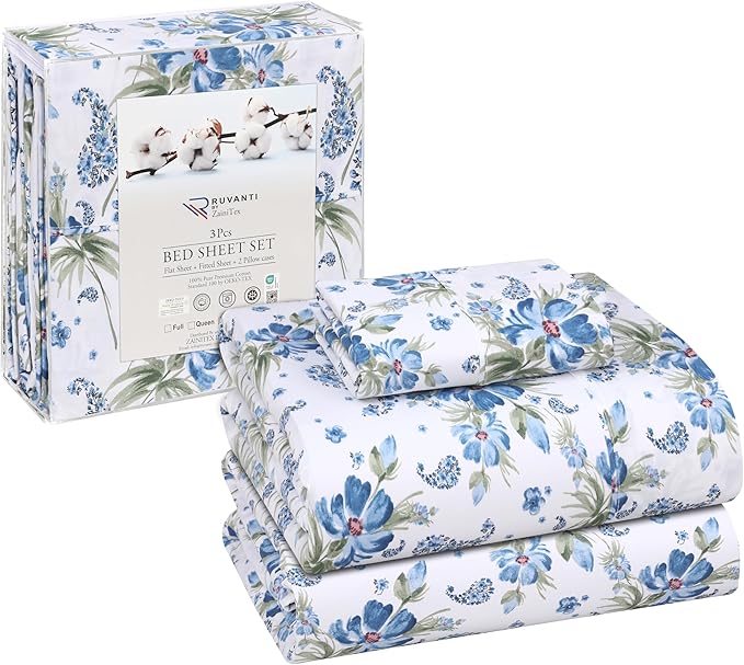 RUVANTI 100% Cotton Twin Sheets Set, 3 Pieces, Soft & Breathable Percale Weave Bedding, Deep Pocket 16", Hotel Standard, Crisp Cool Feel, Durable, Perfect Floral Bed Sheet, Paislyona