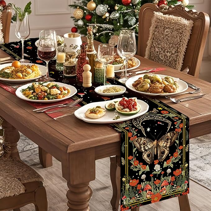 Moth Burlap Table Runner Seasonal Spring Fall Kitchen Dining Linen Table Decoration for Indoor Outdoor Home Party Dinner 13x72 Inch