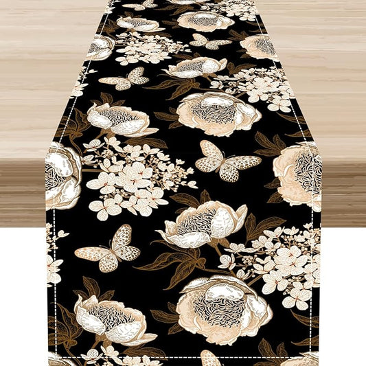 Boho Floral Table Runner, Retro Bohemian Abstract Flower Leaves Black Gothic Print Table Center Decor for Family Kitchen Table Decorations Indoor Outdoor 13x72 inch