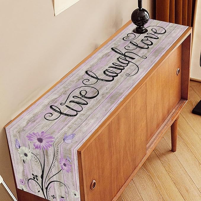Purple Daisy Table Runner, Butterfly Rustic Seasonal Spring Wild Flower Rustic Blue Wood Farmhouse Decor for Family Kitchen Farmhouse Holiday Party Table Decorations Indoor Outdoor 13x72 inch