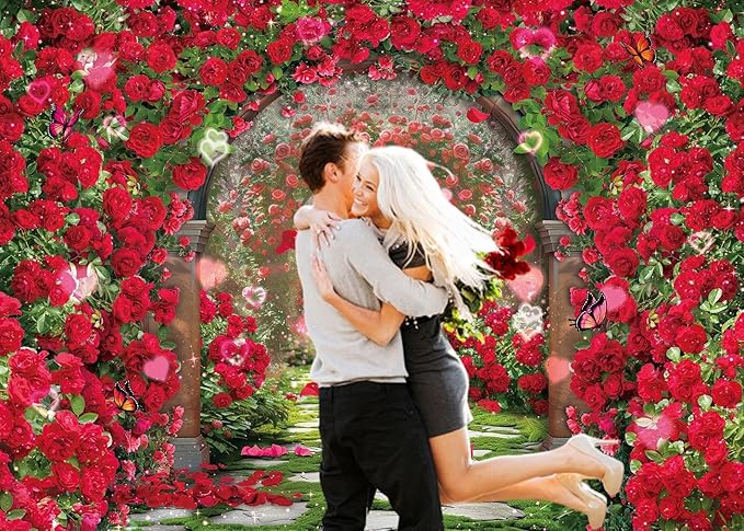 Valentines Day Flowers Garden Backdrops Red Rose Spring Floral Scene Photography Backdrop Girls Birthday Bridal Shower Wedding Party Decorations Banner Photo Booth Props (8x6FT(94 x 70 inch))