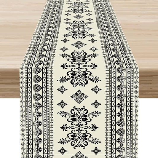 Black Floral Table Runner, Rustic Damask Antique Floral Retro Boho Art Linen Coffee Table Center Decor for Family Kitchen Farmhouse Holiday Party Table Decorations Indoor Outdoor 13x90 inch