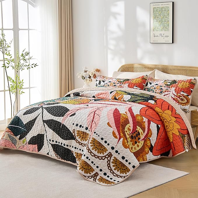 Quilt Set Twin Size, Boho Floral 2 Pcs Soft Bed Cover Bedding Set, Mid Century Flowers Lightweight Bedspread Coverlet with Pillow Sham for All Season