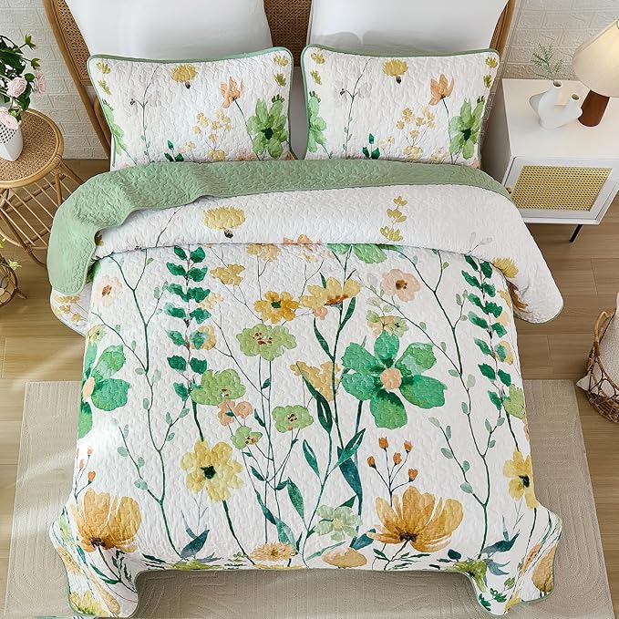 Anibedding Green Quilt Set Queen Size, Floral Bedspread with 2 Pillowcases, Soft Microfiber Lightweight Coverlet Bedding Set for All Season(96"x90")