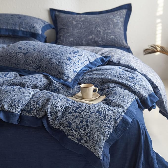 Full Duvet Cover Vintage Blue Floral Duvet Cover Boho Paisley Bedding Set Linen Cotton Yarn-Dyed Textured Duvet Cover with Zipper Closure Reversible Paisley Flower Comforter Cover with 2 Pillowcases