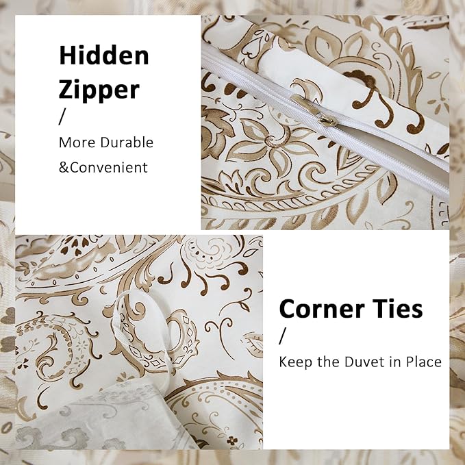 100% Cotton Duvet Cover King Size- 3 Pcs Grey Paisley Comforter Cover, Soft & Breathable Floral Bedding Duvet Cover Sets with Zipper Closure for All Season