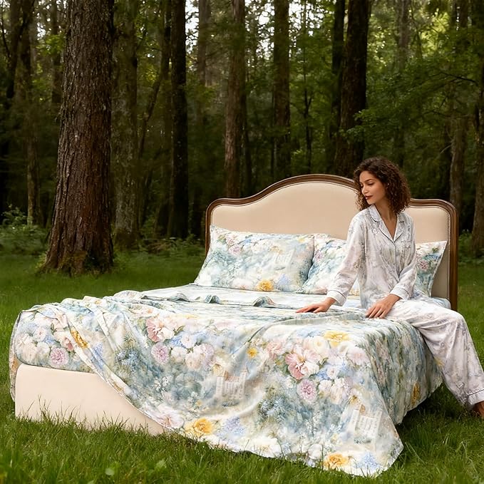 Zusbest Full Size Sheets Luxury Floral Bed Sheet Set 100% Cotton, Satin Weave Soft Breathable for Hot Sleepers Romantic Peony Flowery Printed Cottagecore Bedding Deep Pocket 17.5‘’ Bed Set 4Pcs