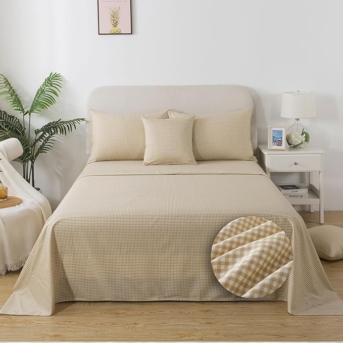 FADFAY Brown Plaid Queen Size Sheets 100% Cotton Geometric Checker Bedding Teens Grid White Gingham Pattern College Bedding Deep Pocket Sheets with 2 Pillowcases Ultra Soft 4pcs, Queen Size