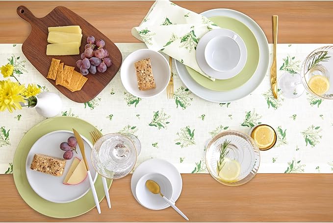 Solino Home Lily Floral Print Table Runner 36 inch - 100% Pure Linen Table Runner 14 x 36 Inch - Machine Washable - Lily of The Valley/Off White Print