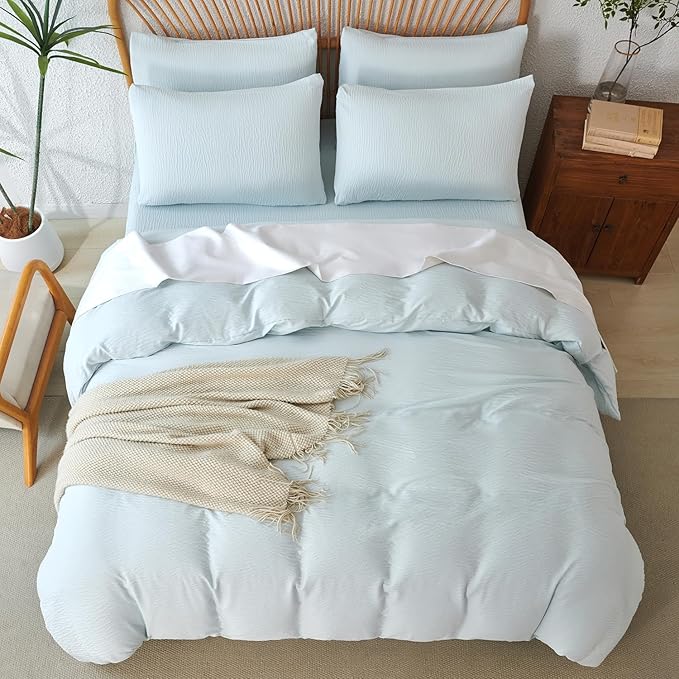 Duvet Cover King Size Glacier Blue, 3 Pieces Double-Layer Crinkle Gauze Soft Bedding for All-Season Lightweight Breathable Comfy with 2 Pillowcases