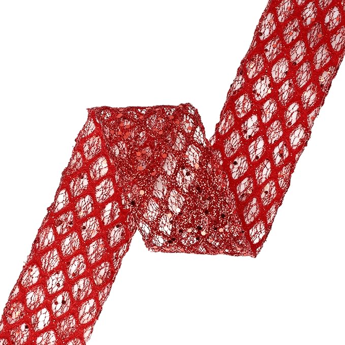 VATIN 2-1/2" Red Christmas Ribbon, Red Glitter Mesh Diamond Web Sequin Dots Wired Christmas Ribbon for Gift Wrapping Bow Making Wreath Supply-10 Yards