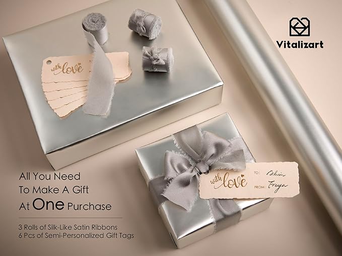 Vitalizart Silver Matte Metallic Wrapping Paper Set 17" With Silk Satin Ribbon & Gift Tags Christmas Gift Wrapping Birthday Baby Shower Wedding Bouquets Handmade Crafts 197"(16.4 Ft) Silver Ribbon