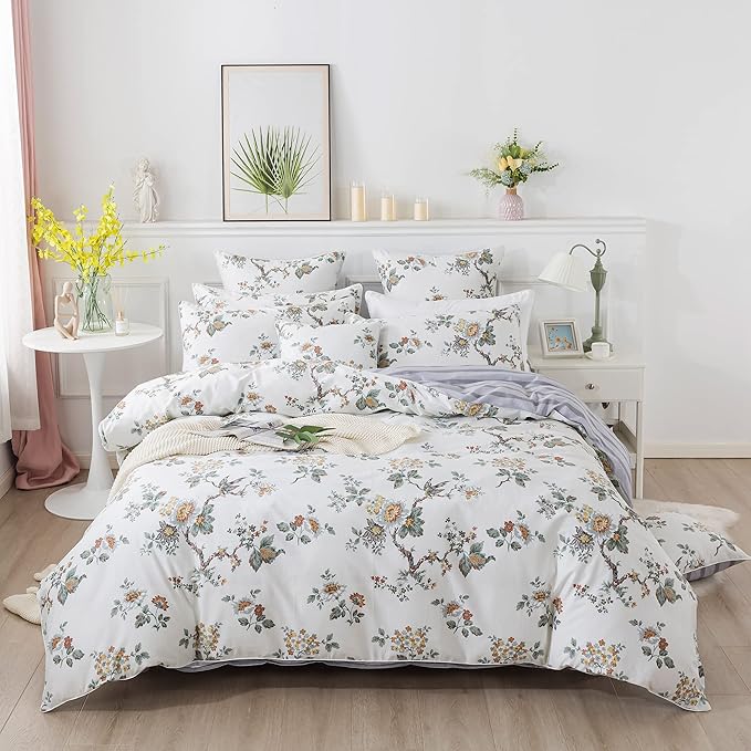 FADFAY Duvet Cover Set Twin Elegant Floral Bedding Shabby Beige Bird Print Flower Quilt Cover Set Vintage Farmhouse Bedding 100% Cotton Soft Comforter Cover Set with Zipper Closure 3Pcs, Twin Size