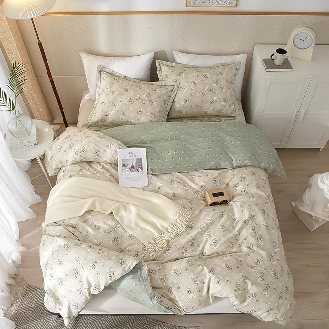 EAVD Boho Floral Duvet Cover King Beige 100% Cotton Chic Shabby Garden Floral Pattern Aesthetic Bedding Set with 2 Pillowcases Reversible Green Floral Botanical Duvet Cover with Zipper Closure