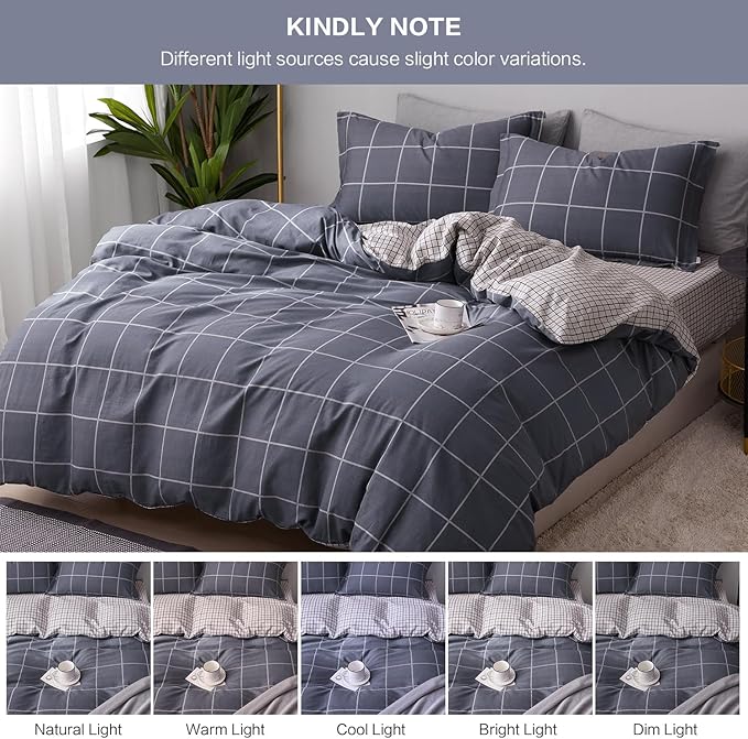 SAPHREAS Gray Plaid Geometric Duvet Cover Set King Size 3pcs Dark Grey Grid Cotton Bedding Comforter Cover Set 1 Duvet Cover 2 Pillow Shams