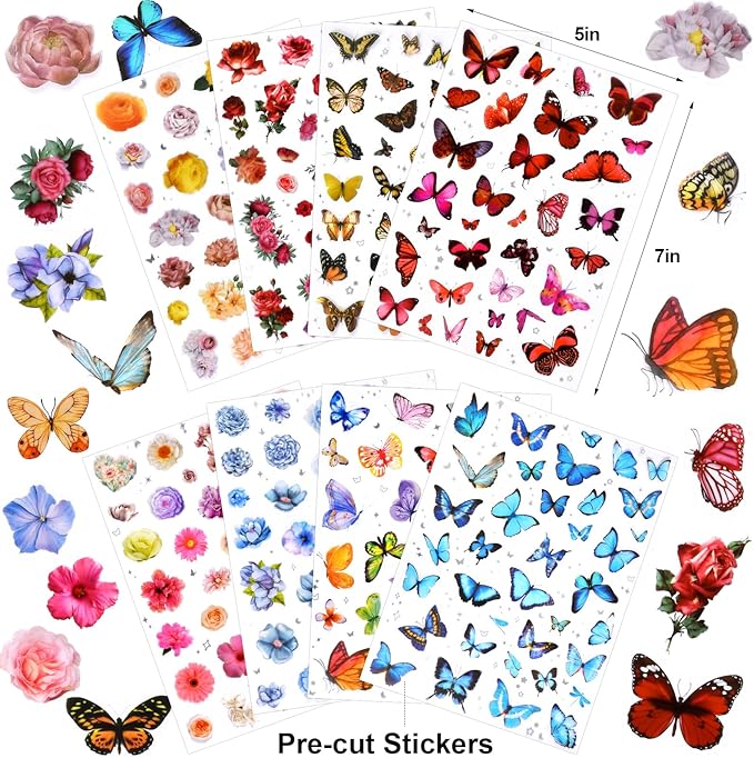 266 Pcs Scrapbook Stickers, Flower Butterfly Stickers Kit for Junk Journal, Bullet Planners, Laptop, DIY Crafts, for Diary and Calendars， Precut Stickers