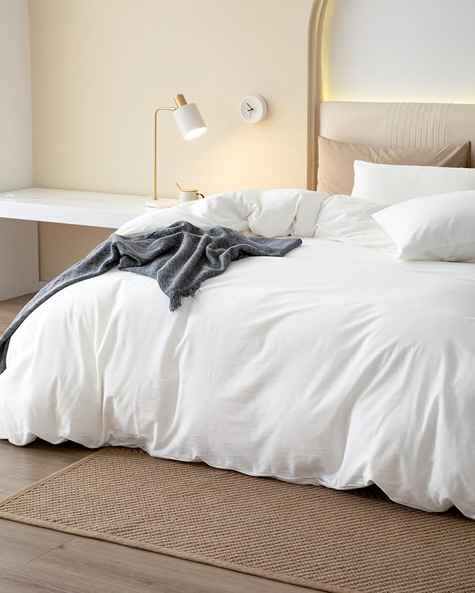 JIYUAN 100% Washed Cotton Duvet Cover Set 3 Pieces Full, 1 Duvet Cover 80x90 Inches(Comforter Not Included) and 2 Pillowcases,Linen Feel Bedding Set Comfy and Breathable,Bright White