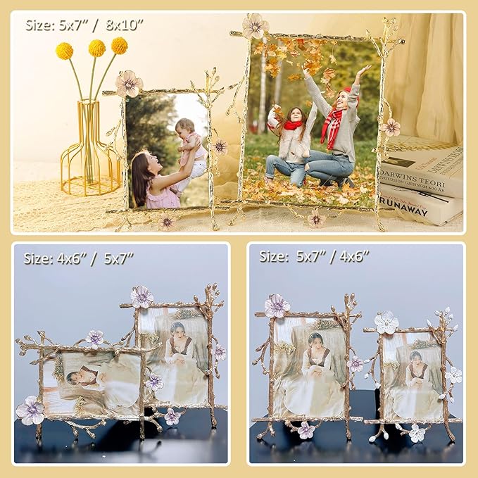 8x10 Gold Pink Flowers Picture Frame Art Decor Ornate Floral Metal Photo Frames High Definition Glass Front Tabletop Display, Gifts Ideas for Women on Weeding