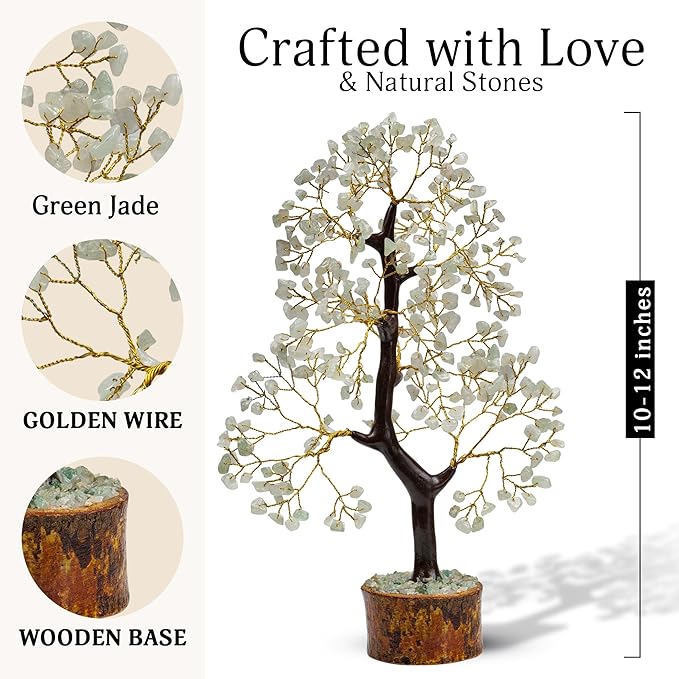 FASHIONZAADI Green Jade Chakra Tree of Life, Crystal for Positive Energy, Feng Shui Home Decor - Handmade Gemstone Bonsai Money Tree,- Green Healing Crystals, Wealth & Good Luck Stones Spiritual Gift