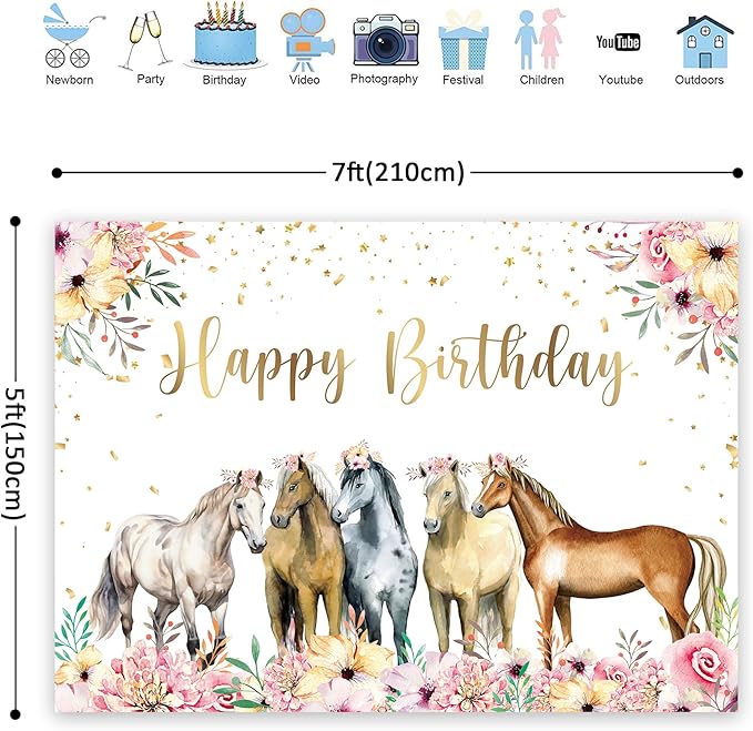 Riyidecor Horse Happy Birthday Backdrop Watercolor Florals 7Wx5H Feet Polyester Fabric Western Cowgirl Photography Background for Girls Women Princess Children Table Decor Banner Studio Photo Shoot