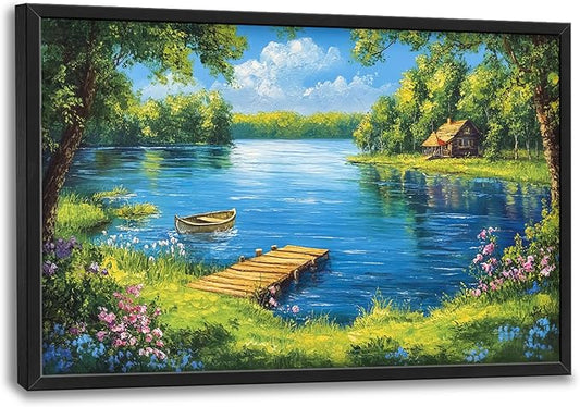 Large Green Lake Wall Art for Living Room, Framed Oversized Tree Boat Wildflowers Wall Decor Nature Landscape Canvas Painting Modern Artwork for Bathroom Bedroom Office Dining Room 36"x24"