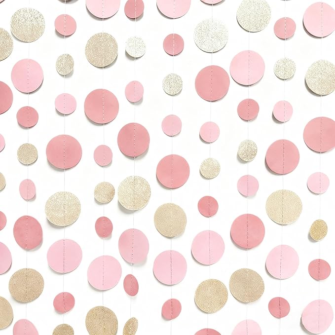 Champagne Gold Rose Pink Polka Dot Garland Champagne Dusty Pink Circle Dot Hanging Streamer Banner for Birthday Baby Shower Bridal Shower Wedding Engagement Retirement Boho Party Decorations Supplies