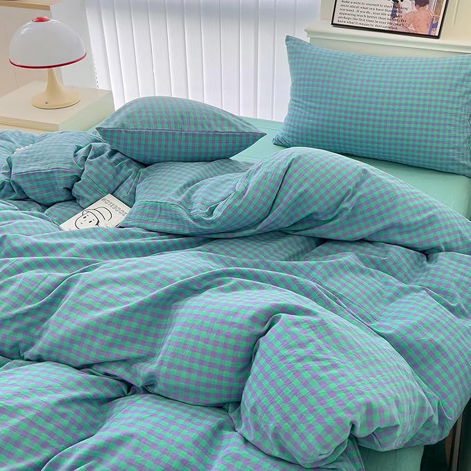LifeTB Queen Comforter Set Green Gingham Bedding Comforter 3 Pieces Checkered Pattern Comforter Set Green Purple Plaid Grid Bed Comforter with 2 Pillowcases Fluffy Soft Gingham Bedding Set Queen Size