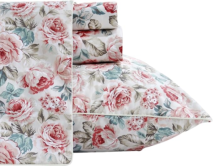 FADFAY Rose Floral Sheets Queen Vintage Red Floral Bedding Shabby Rustic Rose Sheets French Country Farmhouse Bedding 800 Thread Count 100% Egyptian Cotton Deep Pocket Fitted Sheet 4Pcs, Queen Size