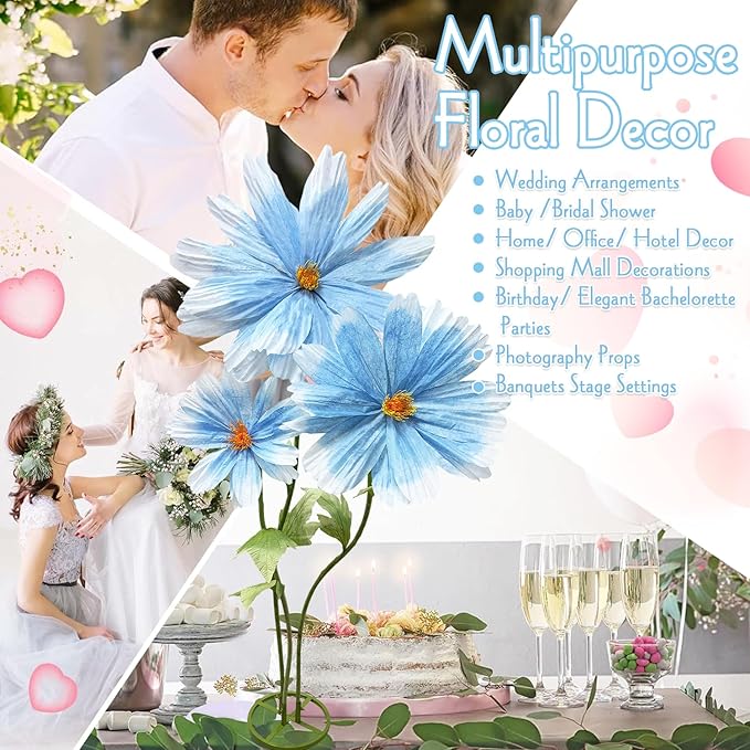Large Daisy Flower Artificials for Decoration, 6.1ft Giant Daisies Spring Artificial Paper Flowers, Wedding Reception Essential Party Banquet Background Decor, Indoor outdoor Home Decor 3Pcs(Blue)