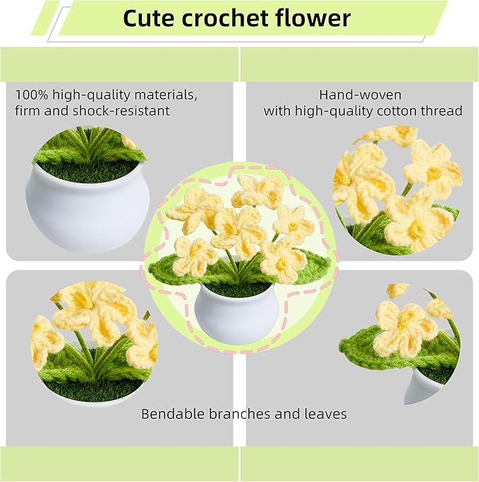 Knitting Crochet Flowers Cute Handmade Yellow Flower Plants Gifts for Women Teacher's Day Birthday Anniversary Valentines Christmas Decor for Car Dashboard Home Office Desk Accessories Things