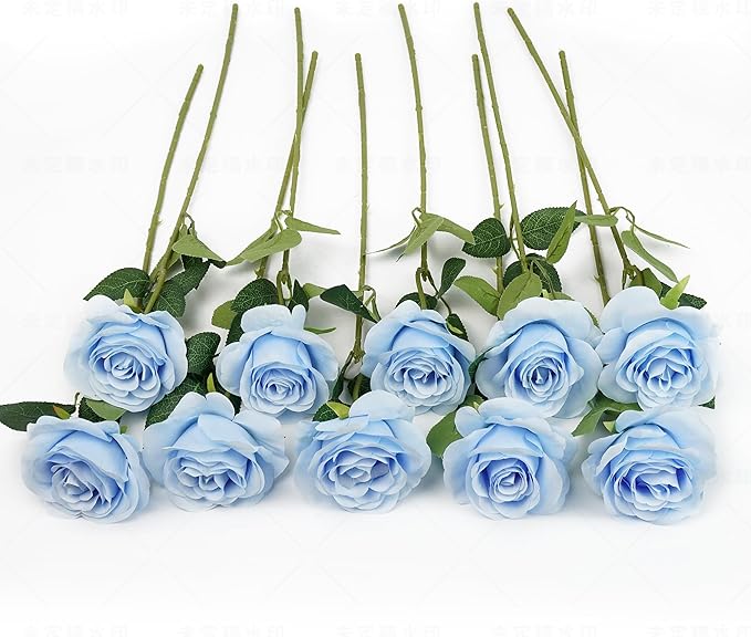 Flojery 10pcs Sky Blue Silk Roses Artificial Rose Flowers Long Stem for DIY Wedding Bouquet Table Centerpiece Home Décor