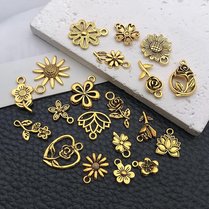WOCRAFT 60pcs Antique Gold Flowers Bracelet Charms for Jewelry Making Sets DIY Necklace Bracelet Keychain Crafting Charms Kit Craft Supplies (SN876)