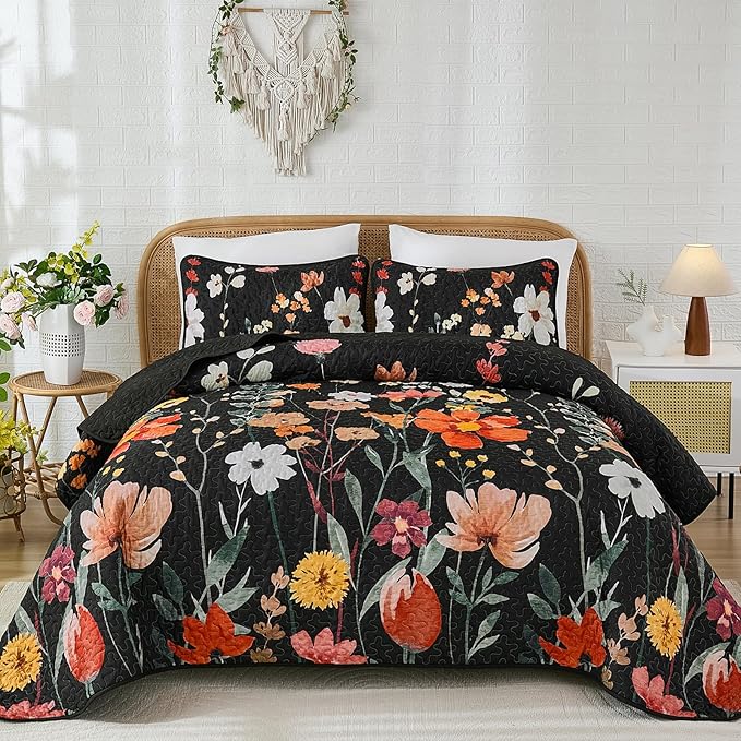 Anibedding Black Quilt Set Queen Size, Colorful Floral Bedspread with 2 Pillowcases, Soft Microfiber Lightweight Coverlet Bedding Set for All Season(96"x90")