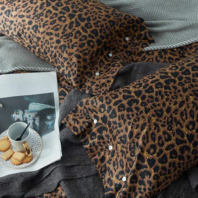 mixinni Leopard Print Duvet Cover Queen Size Long Staple Cotton Queen Bedding Set with Zipper Closure Ties, Perfect for Man and Woman, Ultra Soft and Easy Care (3pcs, Queen Size)