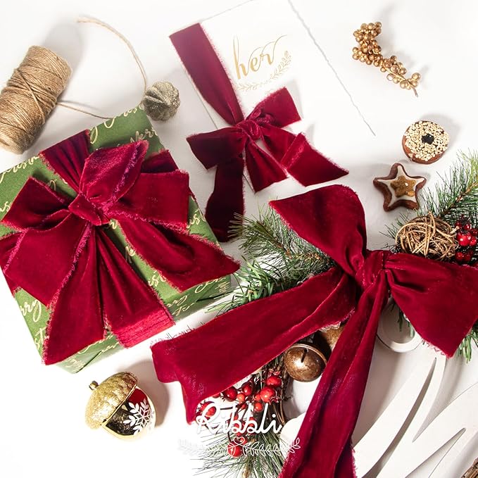 Ribbli Burgundy Velvet Ribbon 3 Inch Handmade Frayed Vintage Christmas Ribbon for Gift Wrapping Christmas Tree Ornament Wreath Craft Home Decor -3 Yards