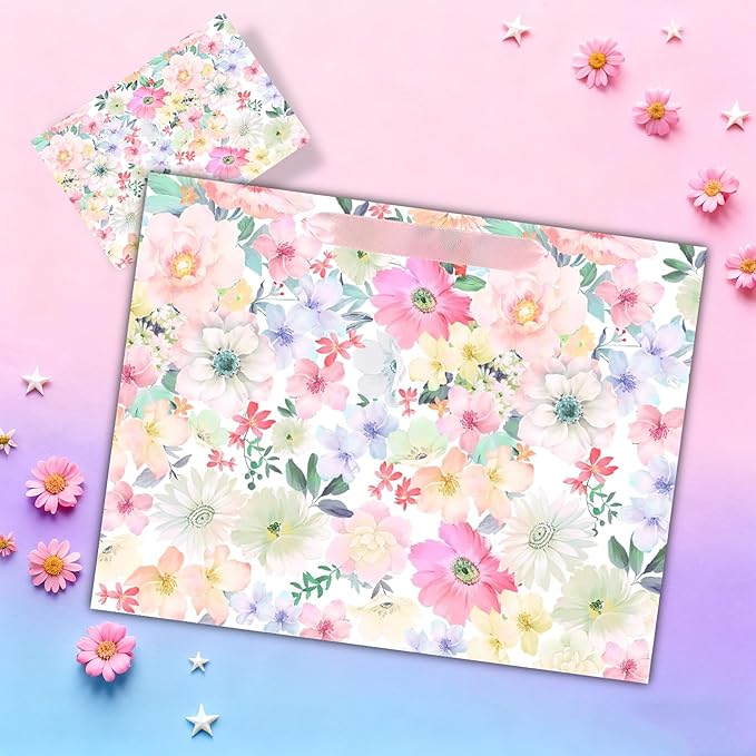 ASYEH NR 13" Large Size Floral Gift Bag Floral Flower Pattern Vintage Gift Bag with Greeting Card Tissue Paper for Girls Women Birthday Mother's Day Valentine's Day Anniversary Wedding Spring Supplies