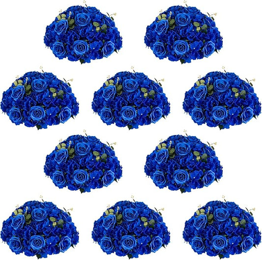 NUPTIO Artificial Flower Centrepieces for Tables - 10 Pcs Large Fake Flowers Roses Balls 15.7 inch Diam- Royal Blue Silk Faux Rose Arrangement Bouquet for Wedding Party Centerpiece Table Decorations