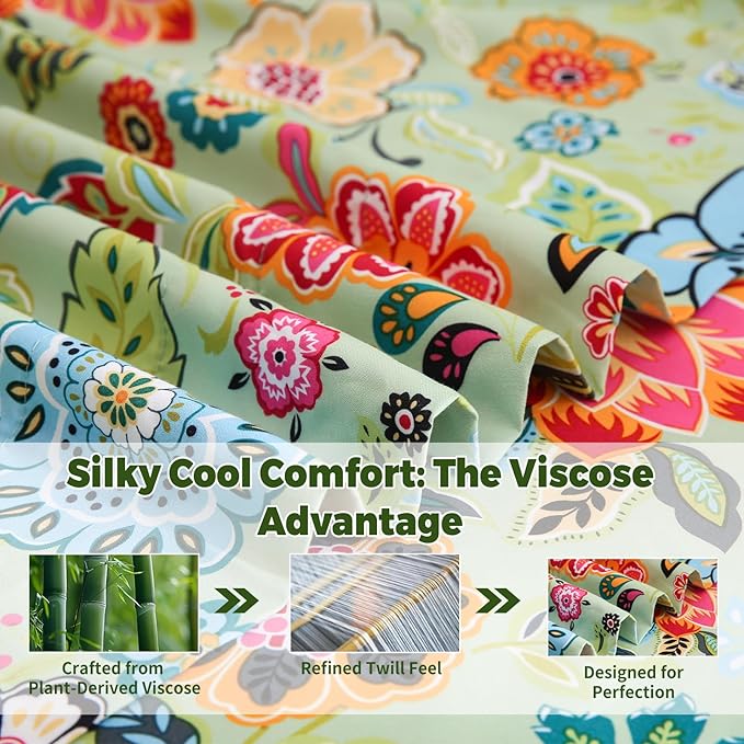 Bedlifes California King Floral 4-Piece Sheet Set - Cooling Sheets Blend Rayon Derived from Bamboo,Soft & Breathable, Deep Pocket 16", Wrinkle Resistant - Vibrant Boho Floral Sage Green
