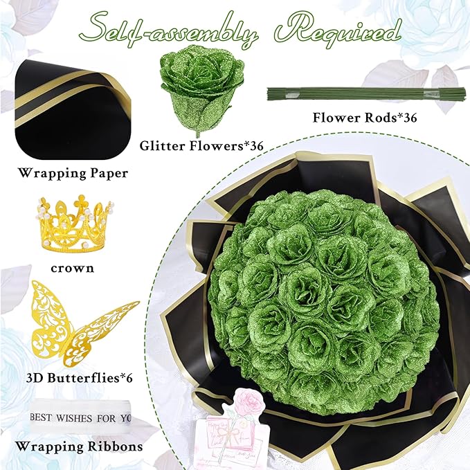 Waipfaru Glitter Roses Bouquet, DIY Green Fake Flowers Bouquet, Birthday Gifts for Women Mom, 36 Pcs Rose for Wife Girlfriend Valentines, Mothers Day, Graduation, St. Patrick's Day