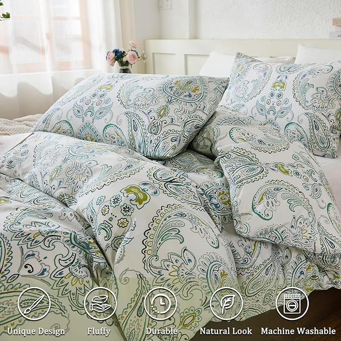 100% Cotton Floral Duvet Cover King - Green Paisley Comforter Cover 3-PC, Soft & Breathable Bedding Duvet Cover Sets with Zipper Closure & Corner Ties, Retro Duvet Cover Sets