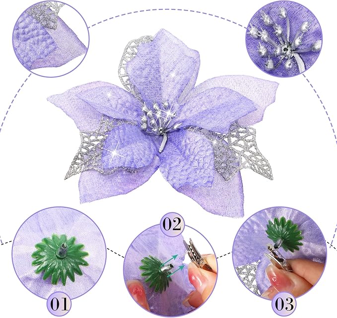 Boao 24 Pieces Christmas Artificial Glitter Poinsettia Flowers Xmas Flowers Wedding Christmas Tree New Year Ornaments(Purple)