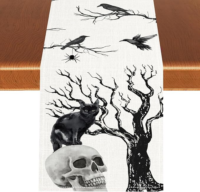 Gothic Table Runner, Black Cat Day of Death Crow Skull Halloween Witchy Retro Coffee Table Center Decor for Home Kitchen Dining Patio Holiday Party Table Decorations 13x90 inches