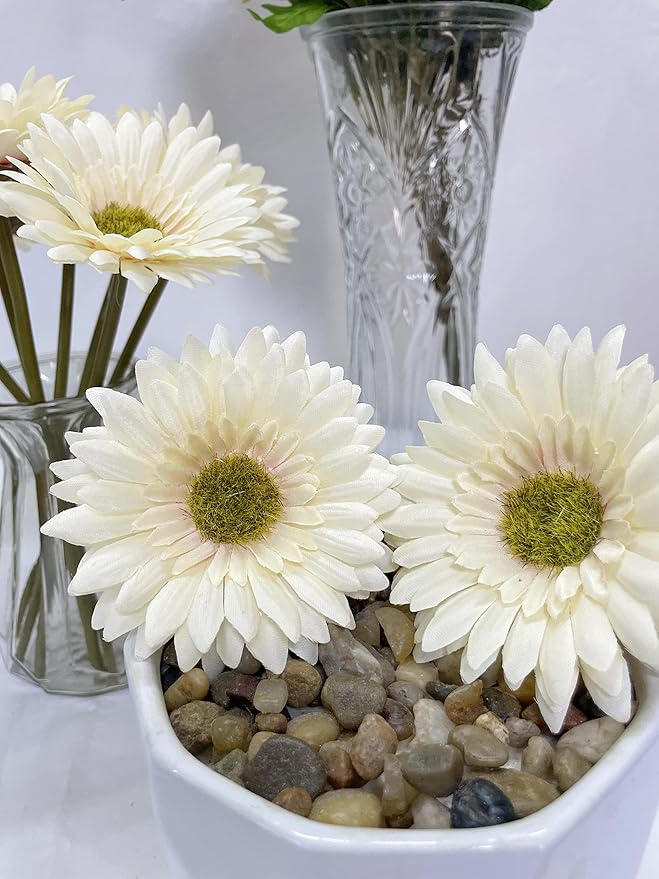 10PCS Artificial Gerbera Daisy Silk Flowers Faux Flower for Party Home Kitchen Garden Wedding Decor (Cream White)