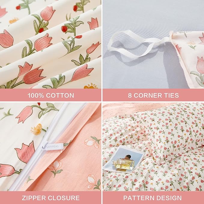 SAPHREAS King Size Pink Bellflower Floral Duvet Cover Set 3pcs Garden Style Botanical Blossom Bedding Comforter Cover Set 100% Cotton 1 Duvet Cover 104"x90" 2 Pillow Shams, Comforter Not Included