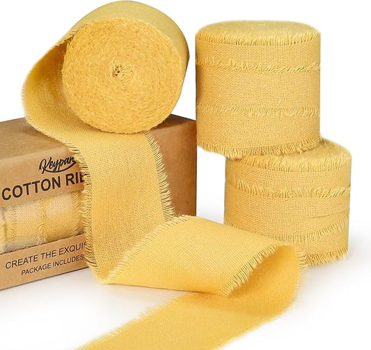 Keypan Yellow Ribbon 1-1/2 x 15 Yards Handmade Cotton Frayed Fringe Fabric Ribbons for Crafts Flower Bouquets Wedding Baby Shower Home DIY Decor