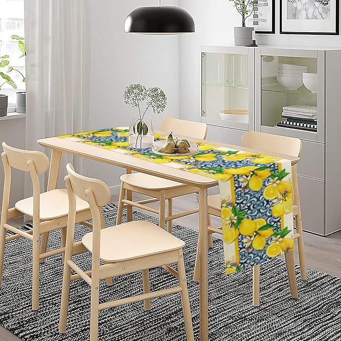 Lemon Table Runner ,Summer Blue Tiles Lemons Kitchen Dining Table Decoration Lemons Table Cover for Indoor Outdoor Home Party Decor, 13 x60 Inch