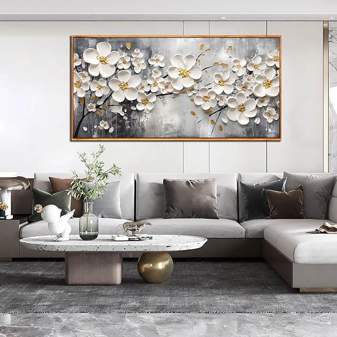 White Flower Art for Walls In Living Room - Office Wall Decor for Women - Wooden Framed Wall Art for Bedroom Size 29" x 59"